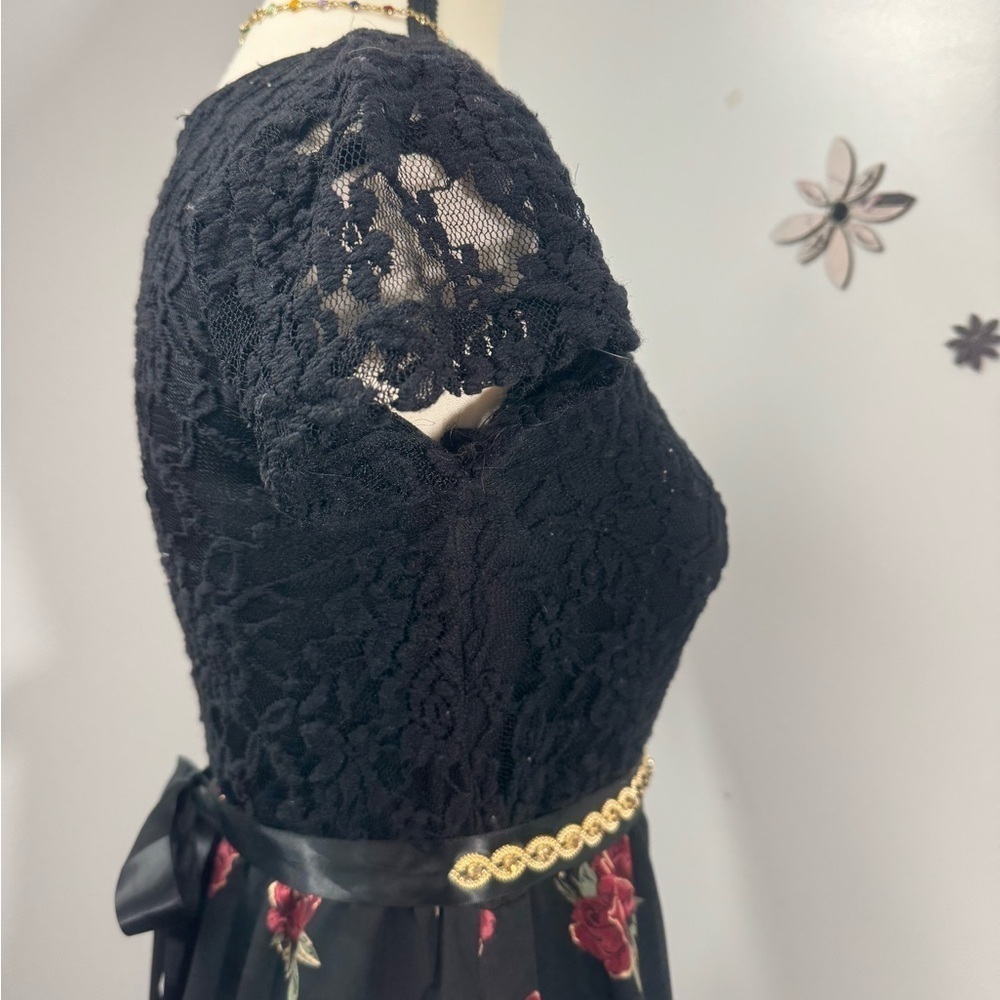 Girls Fall Dress Black And Red Rose Drop Tail Belt Short Sleeve Prom Lay… - Picture 6 of 12